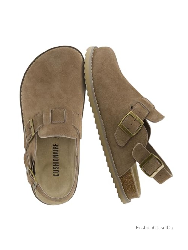Genuine Suede Slingback Clogs With Buckle Memory Foam Cork Footbed